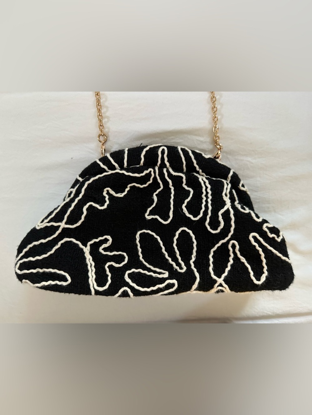 Loft Black & White Embroidered Crossbody Clutch Bag with Gold Chain